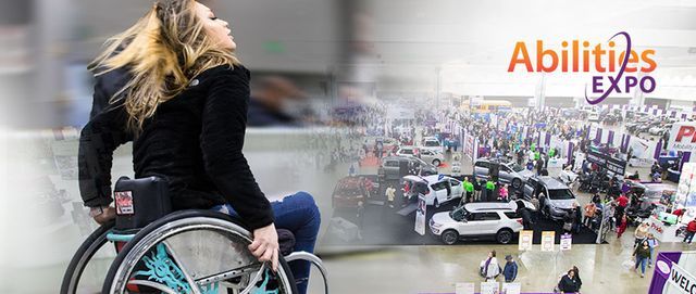 An image of an adolescent using a wheelchair is super imposed over an aerial view of an exhibition hall featuring booths with banners, tables and exhibition displays. Many attendees appear walking around the displays and visiting exhibitors.