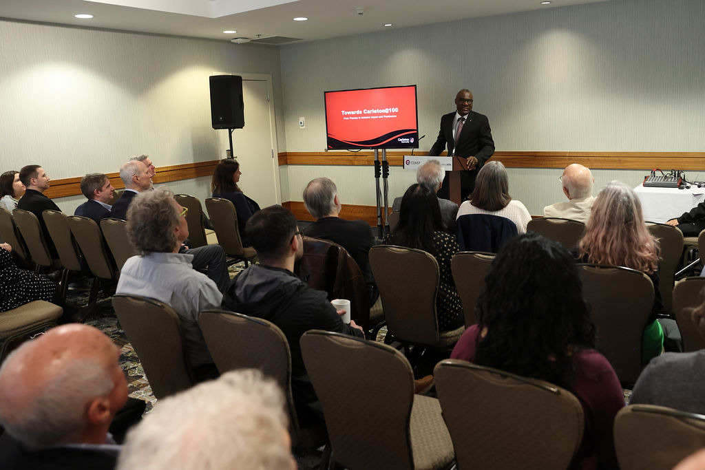 President Wisdom Tettey addresses guests at Carleton's reception in Vancouver on April 23, 2026.