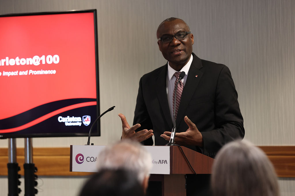 President Wisdom Tettey addresses guests at Carleton's reception in Vancouver on April 23, 2026.