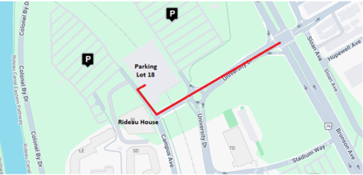 Carleton University campus map with a line indicating how to navigate to lot P18 by entering via Bronson Avenue. 