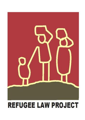 Refugee law project logo, red background with yellow figures outlined.