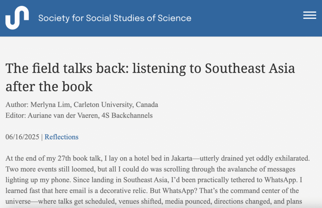 A screenshot of the post saying: The field talks back: listening to Southeast Asia after the book