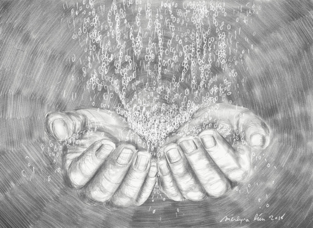 The image shows 1-0 binary codes, created to describe "algorithmic enclaves" by Merlyna Lim