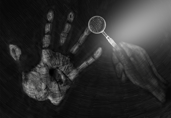 an image of hands under scrutiny of magnifying glass