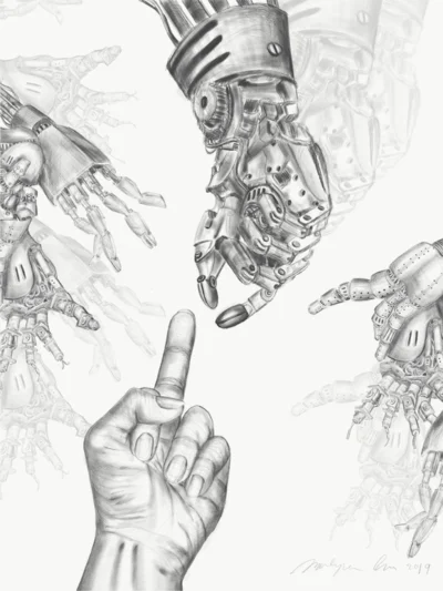 The hand with f*ck you gesture, against robotic hands.