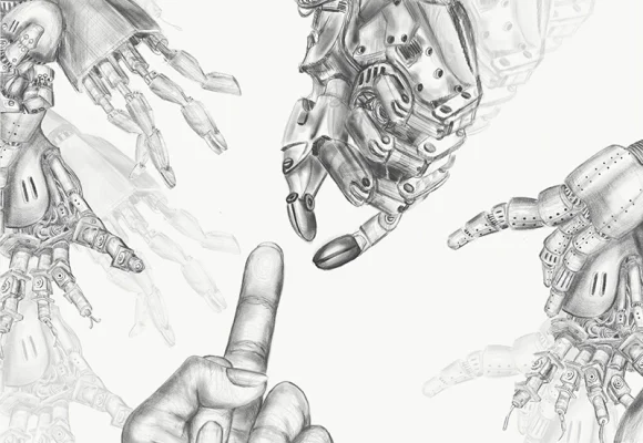 The hand with f*ck you gesture, against robotic hands.