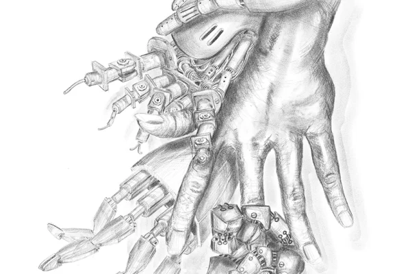 Image of human hands entangled with robotic hands