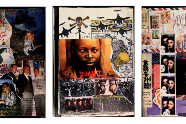 Images of collage photography depicting machines such as airplanes and cars as well as people's faces.