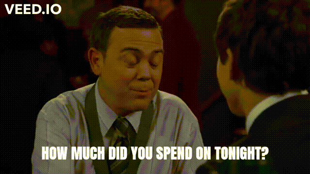 Boyle and Jake sit in a bar. Boyle asks Jake "How much did you spend on tonight?" and Jake replies "$1400 but it's all on credit cards so it's like $5 a month for the next $2000 years"