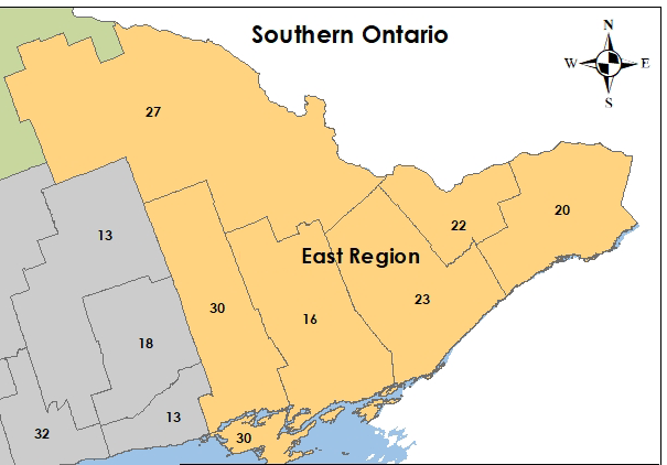 Inset map showing locations of Public Health Units within the Ontario East region.