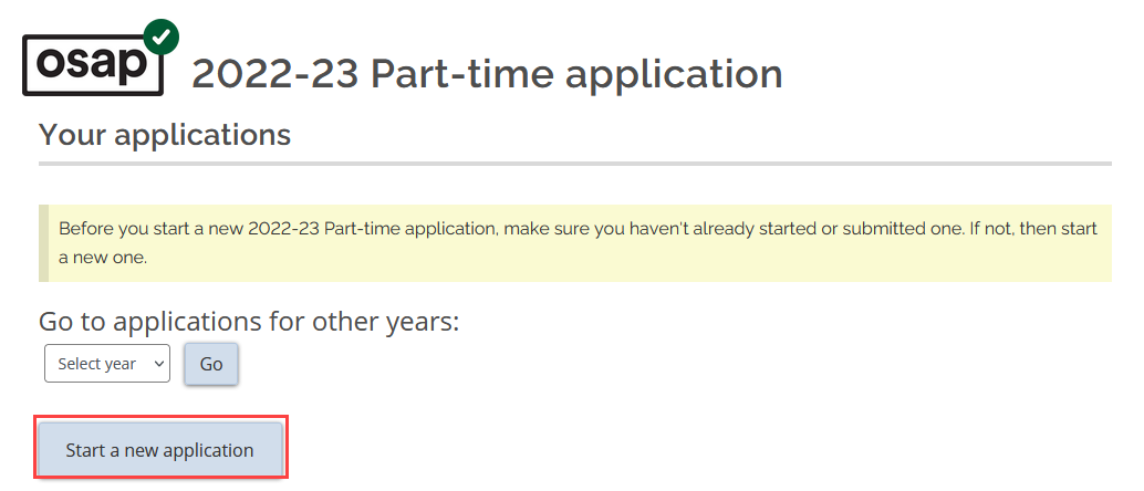 22-23 part-time application with red box around "start a new application"