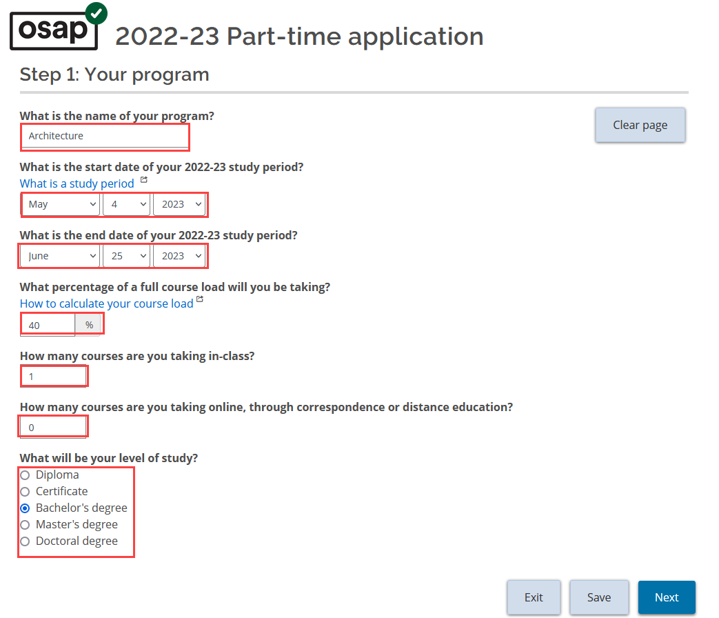 Screenshot of the OSAP 2022-23 part-time application page. Accompanying text says "Step 1: Your Program". The following columns are highlighted in red: What is the name of your program, what is the start date of your 2021-22 study period, what is the end date of your 2022-23 study period, what percentage of a full course load will you be taking, how many courses are you taking in-class, how many courses are you taking online or through correspondence or distance education, what will be your level of study.