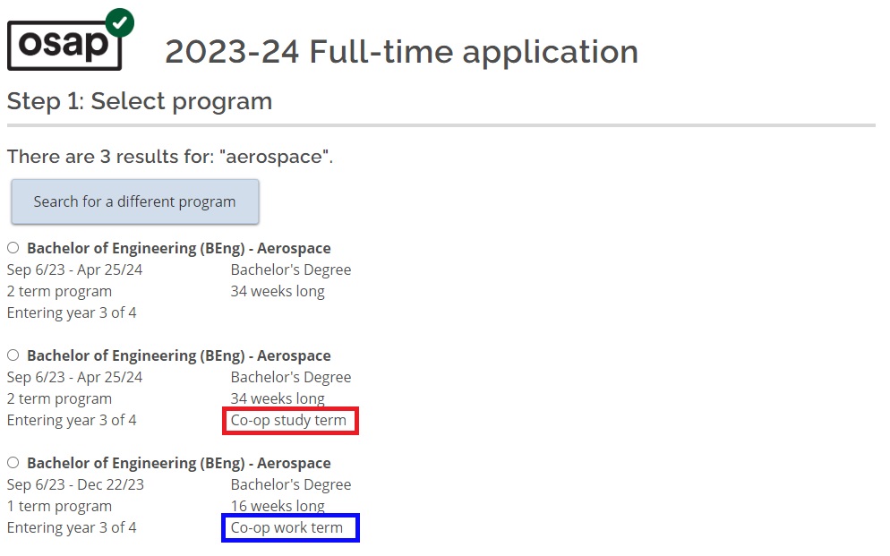 Screenshot of the OSAP 2023-24 full-time application page. Accompanying text says "Step 1: Select Program". Co-op study term and co-op work term options are highlighted in red and blue respectively.