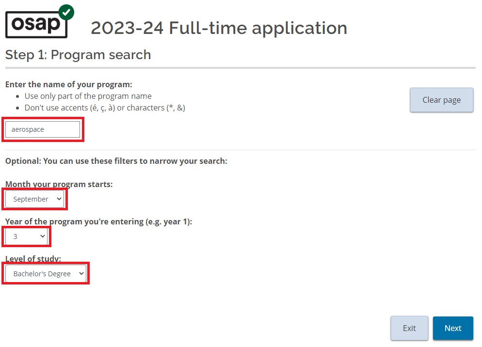 Screenshot of the OSAP 2023-24 full-time application page. Accompanying text says "Step 1: Program search". The following columns are highlighted in red: program name, month your program starts, year of the program you're entering (e.g. year 1) and level of study (Bachelor's degree).