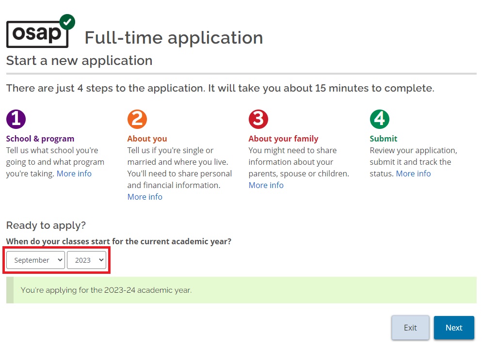 Screenshot of the OSAP 2023-24 full-time application page. Below the text "Ready to apply" is "When do your classes start?" The month and date columns are highlighted in red.
