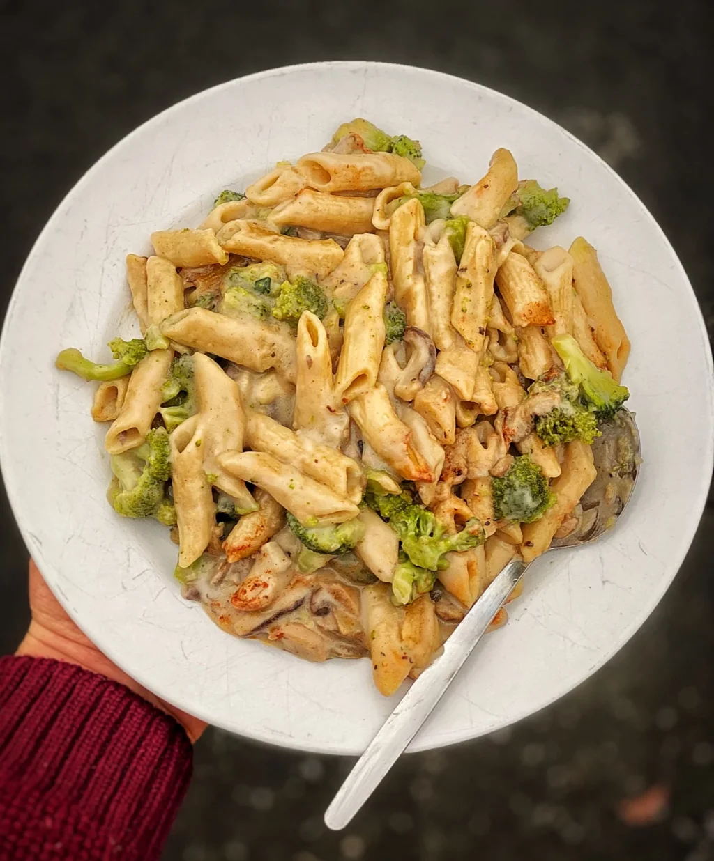An overhead image of a plate of Creamy Mushroom Pasta