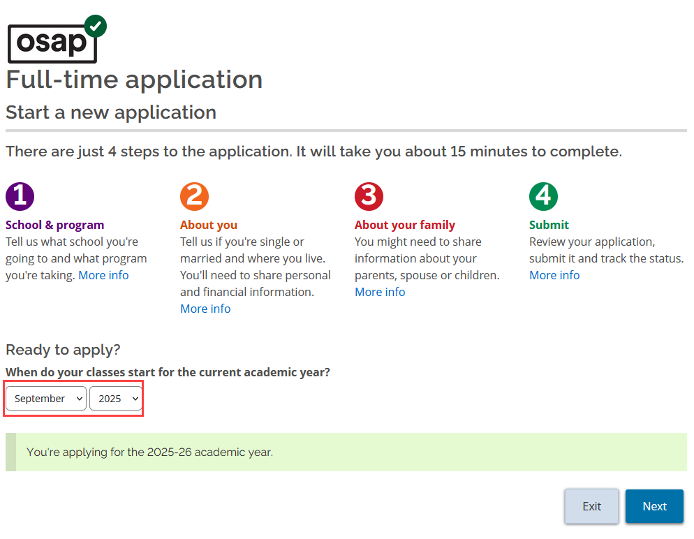 Screenshot of the OSAP 25-26 full-time application page with the month and date columns highlighted in red.