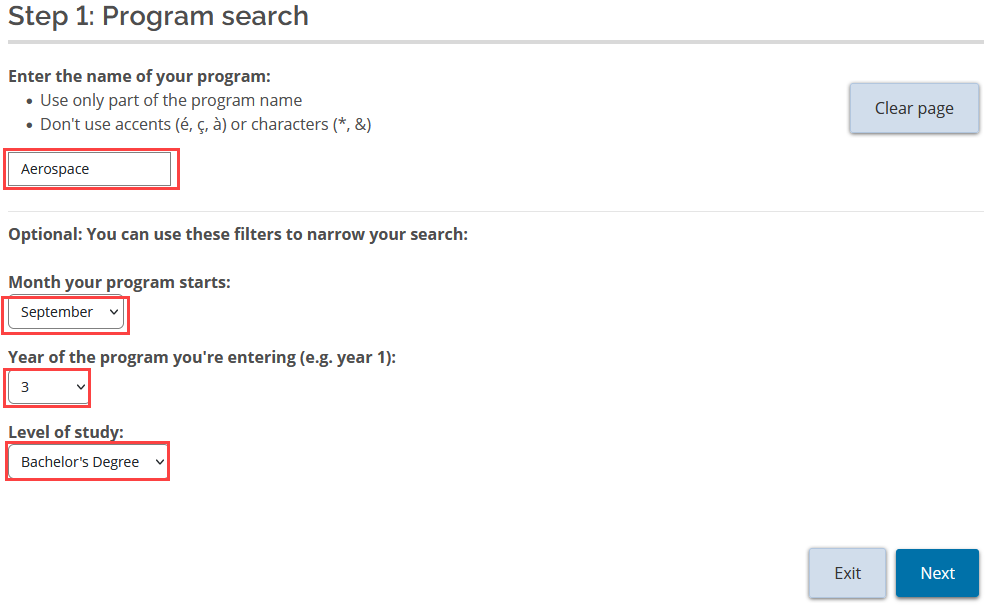 Screenshot of the OSAP Program Search page. The name, start month, year, and level of study are all highlighted in red.