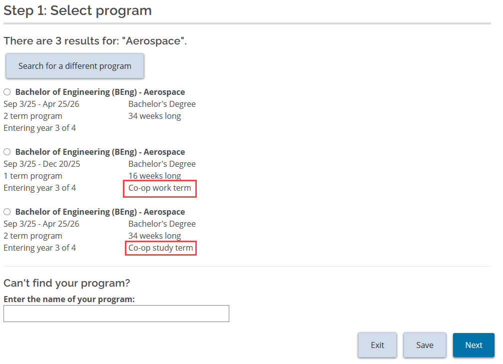 Screenshot of the OSAP Select Program page. The co-op work term and co-op study term are highlighted in red.
