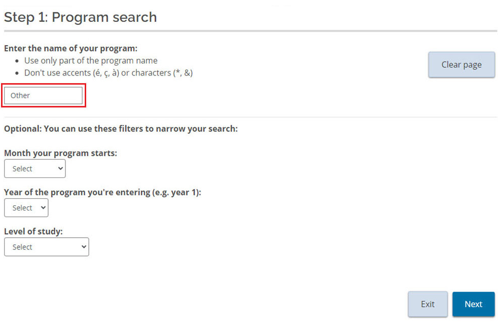 Osap program search with red box around program name input field. The word "other" is in the box