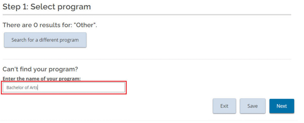 Osap program page displaying 0 results. Red box around program name input field with "bachelor of arts" written in box