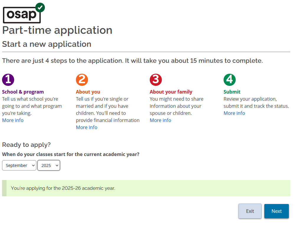 Screenshot of the OSAP 25-26 part-time application page.