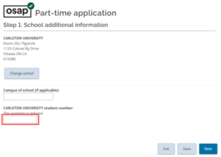 Step 1: In the Part‑Time OSAP School additional information, a red box highlights the ‘Carleton student number’ field.