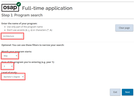 In program search, a red box highlights the ‘program name', 'start month', 'year entering', and 'level of study' fields.