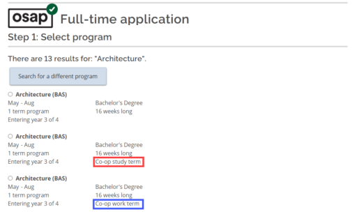 Step 1: Select program, a red box highlights the ‘co-op study’ option and a blue box highlights the 'co-op work' option.