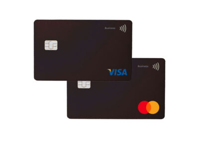 Image of two blank, all black, credit cards. One has the Visa logo and the other has the Mastercard logo