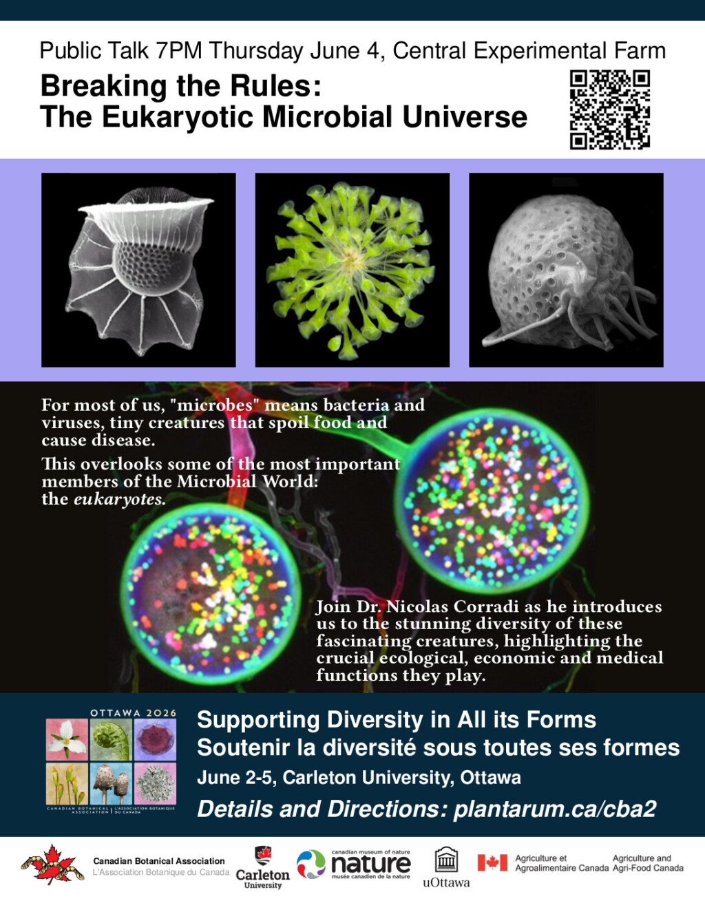 flyer for Public Talk 7PM Thursday June 4, Central Experimental Farm Breaking the Rules:
The Eukaryotic Microbial Universe