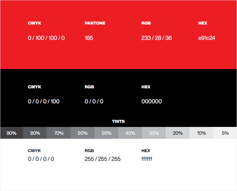 A red and black image, with white text, listing the official colour codes of Carleton University.