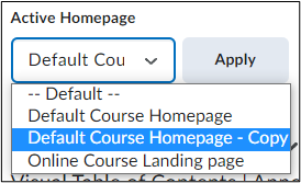 Screenshot of Active Homepage pulldown menu with Default Course Homepage - Copy selected.