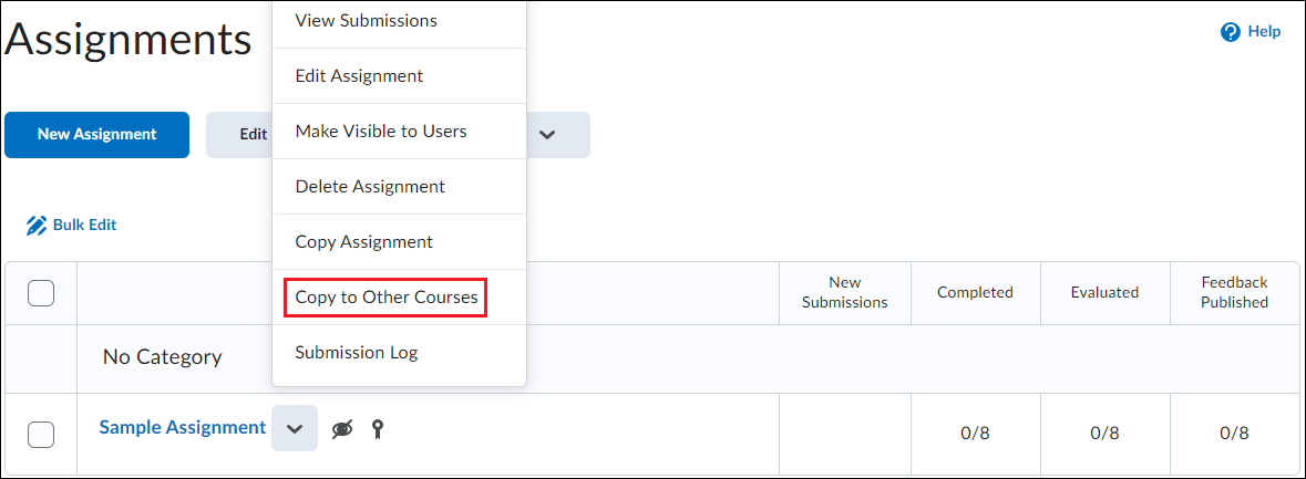 Screenshot of assignment actions menu with red callout around the Copy to Other Courses option.