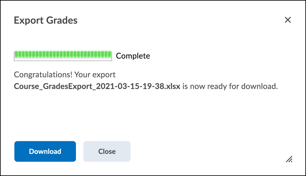 Screenshot of the Download button in the Export Grades section.