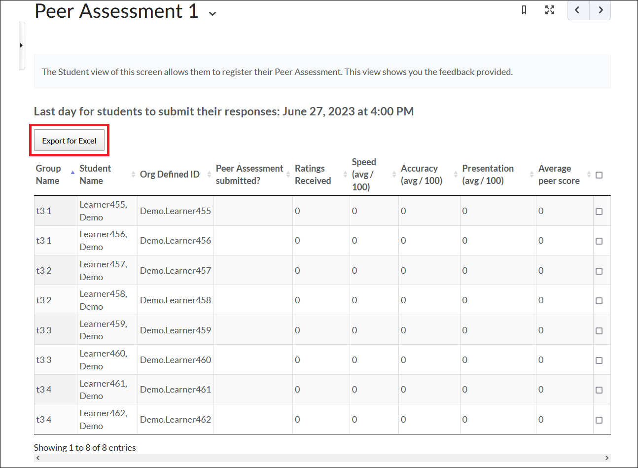 Screenshot of peer assessment acvitivity page with callout box around Export for Excel button at the top of the page