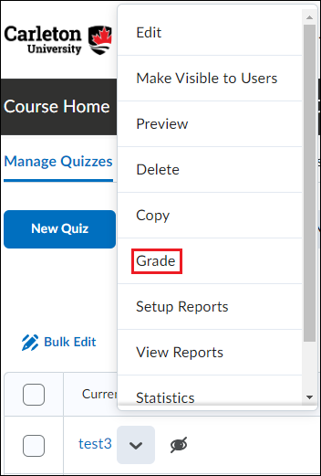 Screenshot of Grades option in the Quiz drop-down menu.