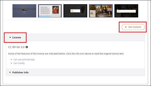 Screenshot of Editing Mode window with red callouts around the Get Content button and Licence pulldown button.
