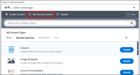 Screenshot of H5P hub with red callout around the Get Shared Content button.