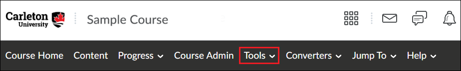 Screenshot of Brightspace navbar with red callout around Tools.