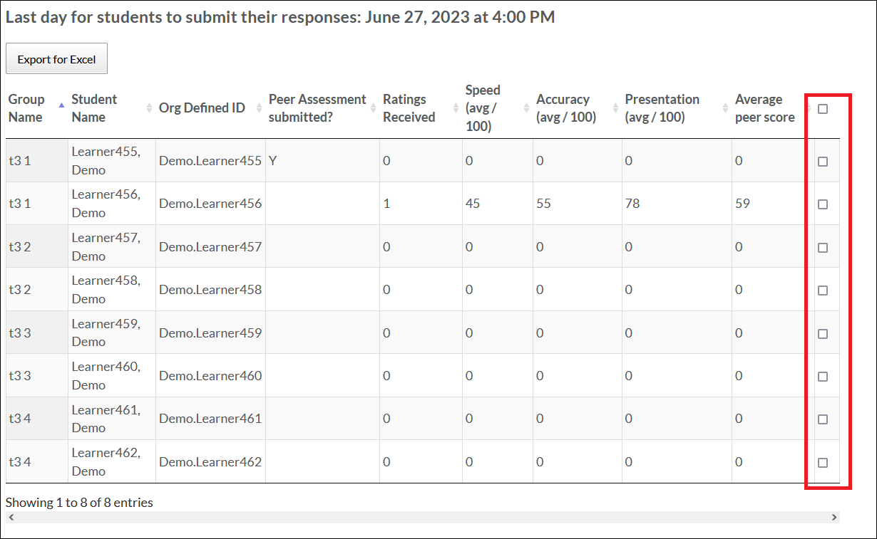 Screenshot of Instructor Peer assesment page with callout box around the checkbox column