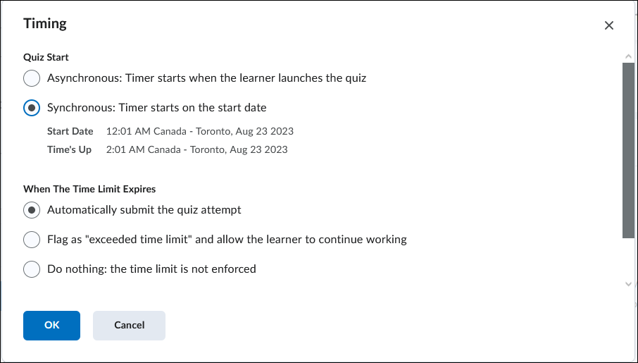 Screenshot of Timer Settings menu on the quiz creation page