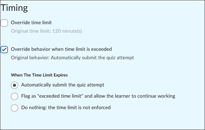 Screenshot of quiz creation override time limit options