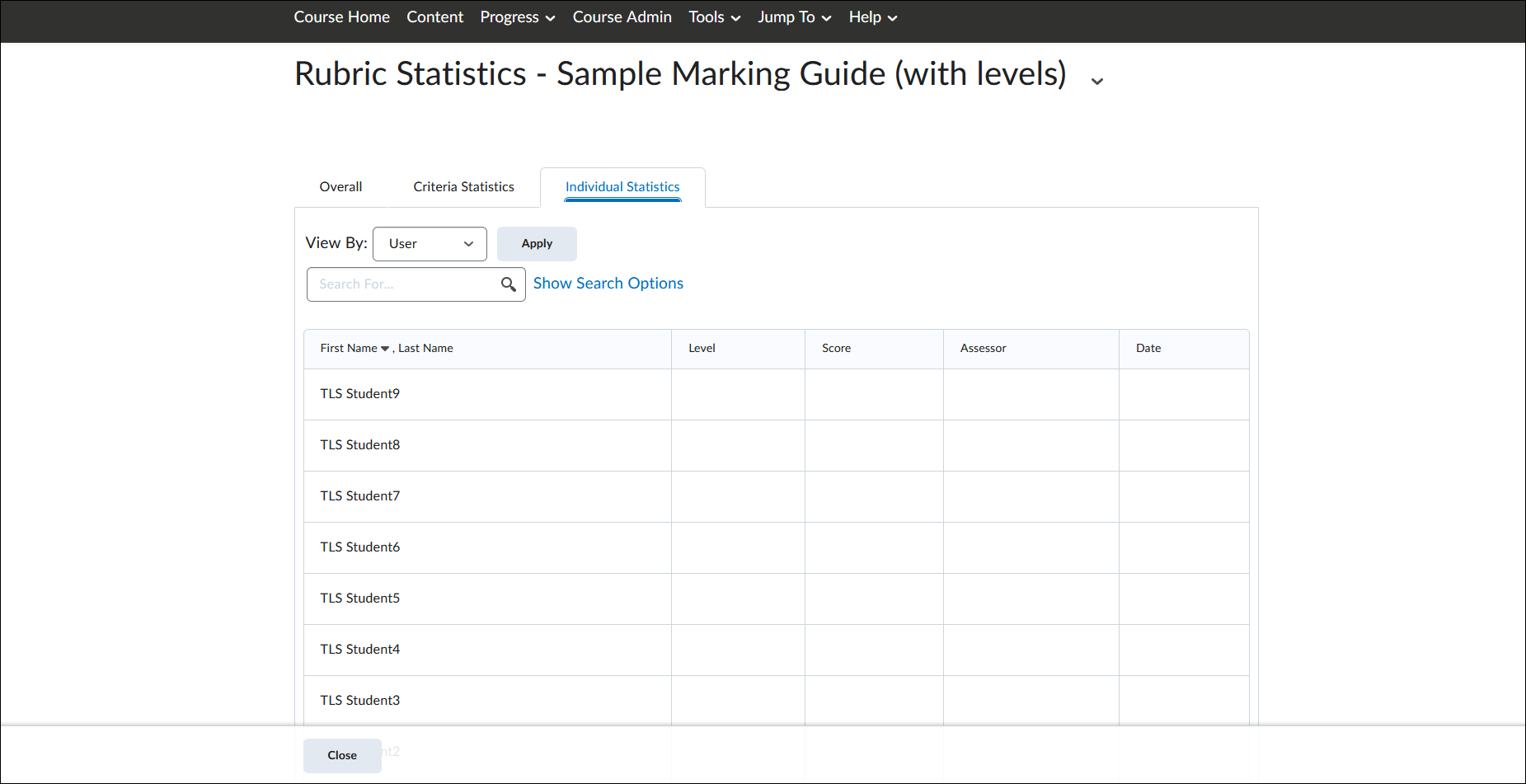 Screenshot of the Rubric Statistics page with the individual statistics tab selected