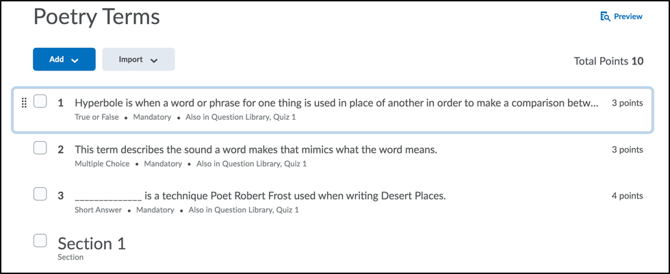 Screenshot of a section with one question selected to reveal the move icon (left).