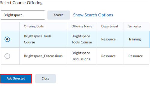 Screenshot of Select Course Offering pop-up window with red callout around the Add Selected button.