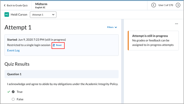 Screenshot of student quiz attempt in Brightspace with red callout around Reset