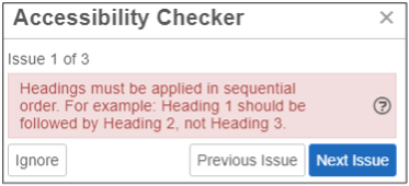 Screenshot of accessibility checker with accessibility error message.
