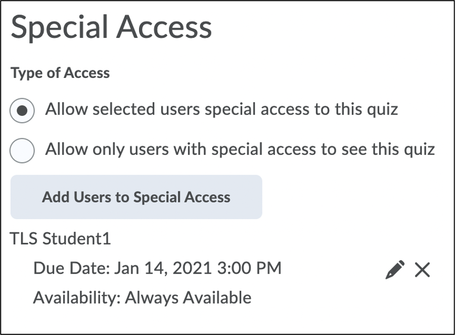 Screenshot of Type of Special Access radial menu with Allow selected users special access selected