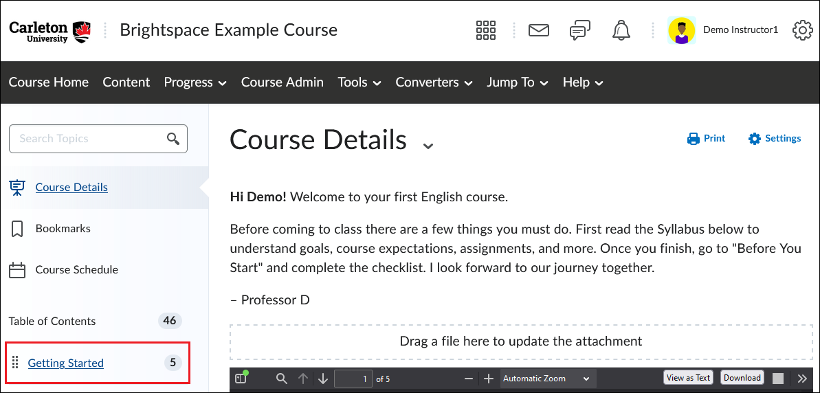 Screenshot of Brightspace Content page with red callout around the module titled "Getting Started."